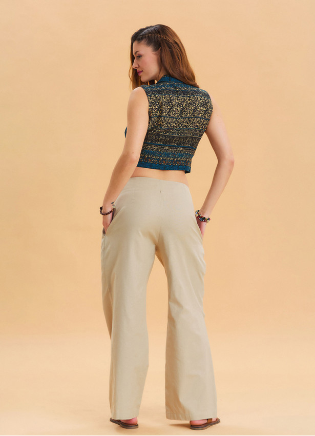 Pleated Bias Cut Buttoned Cream Bohemian Trousers 4465